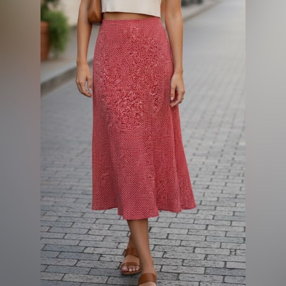 Audrey‎ 3+1 Red Midi Skirt Women’s Sz Small Mini Print Lightweight Slit